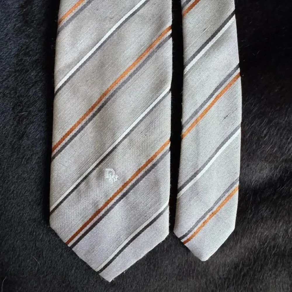 Christian Dior Vintage Stripe Tie Polyester Linen Tan Brown Orange Embroidered